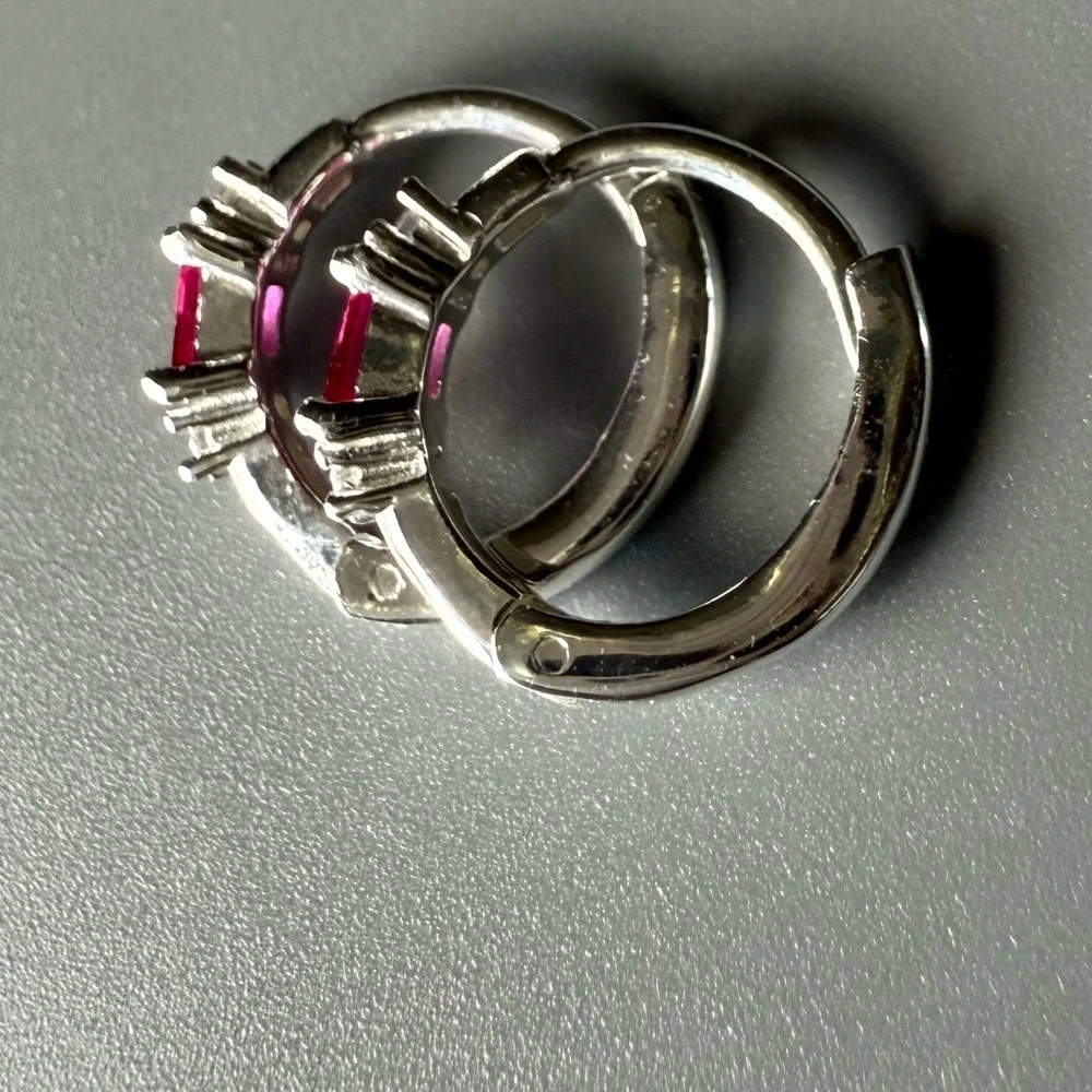 Sterling Silver Ruby Baguette Huggie Hoop Earrings 11mm